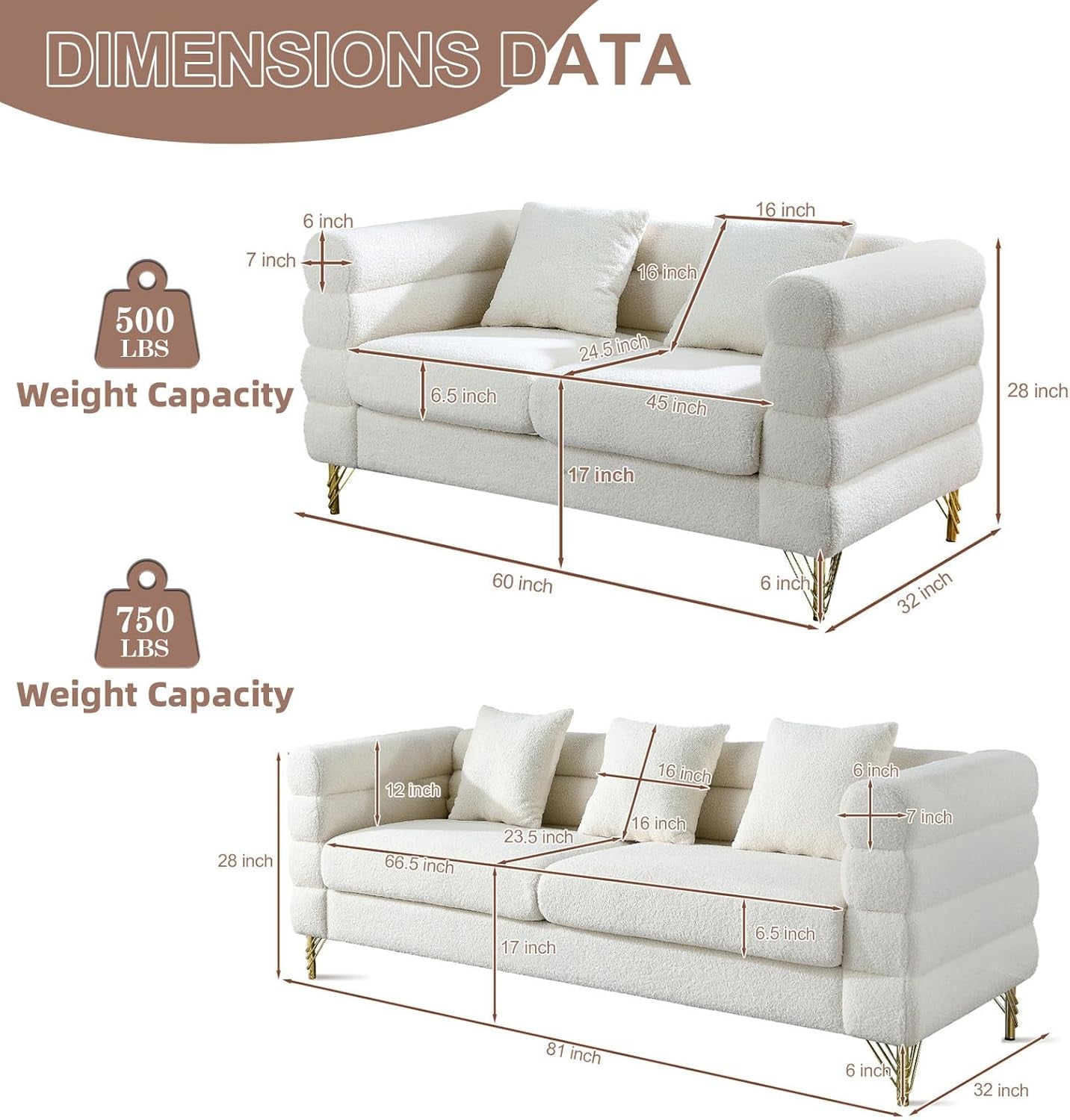Sofa, 2 Pieces Sofa Set,Oversize 2/3 Seater Extra Deep Seat Sofa,Modern Upholstered Futon White Sofa Couch, Comfy Bouclé Cloud Sofa,Furniture for Living Room,Bedroom,Office,Apartment(White)-1