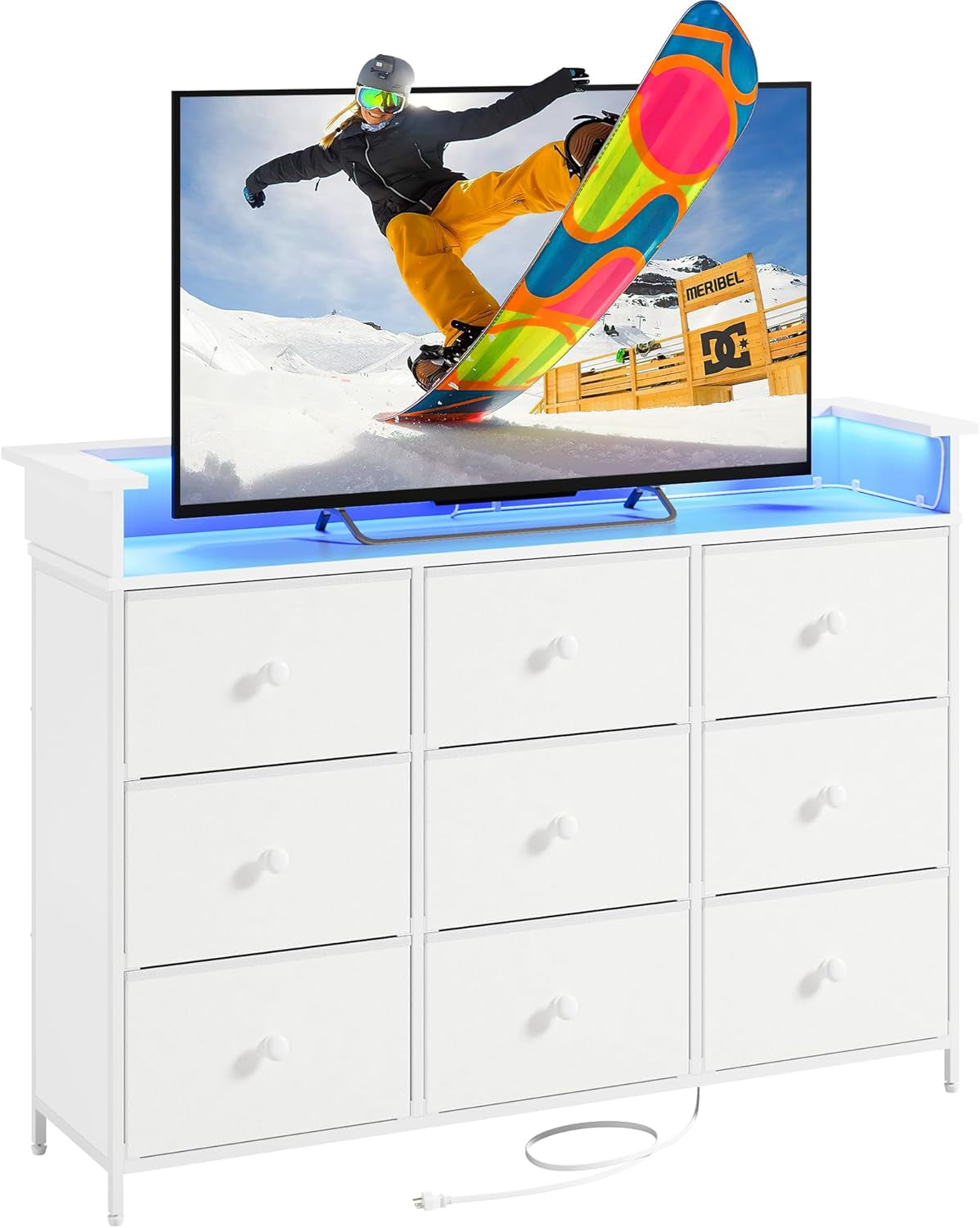 Dresser for Bedroom with 9 Drawer,White Dresser with LED Light,Tv Stand for Bedroom with Charging Station,Chests of Drawers for Bedroom Hallway,Closet (White)-4