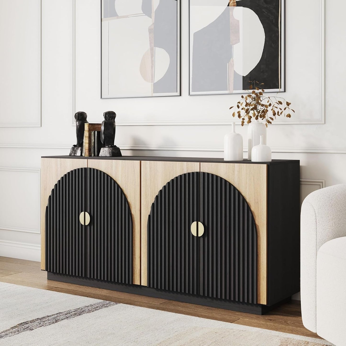 65 Inch Fluted Buffet Cabinet with Storage, Symmetrical Arc Accent Sideboard Large Console Table for Dining Room, Kitchen, and Living Room (Camel)-3