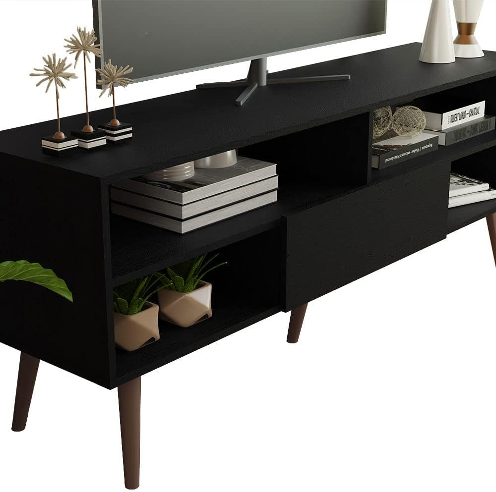 Modern TV Stand with 1 Door and 4 Shelves with Cable Management for 55, 65 Inch Media Storage Media Console Living Room and Bedroom Entertainment Center Wooden Television Cabinet - Black-3
