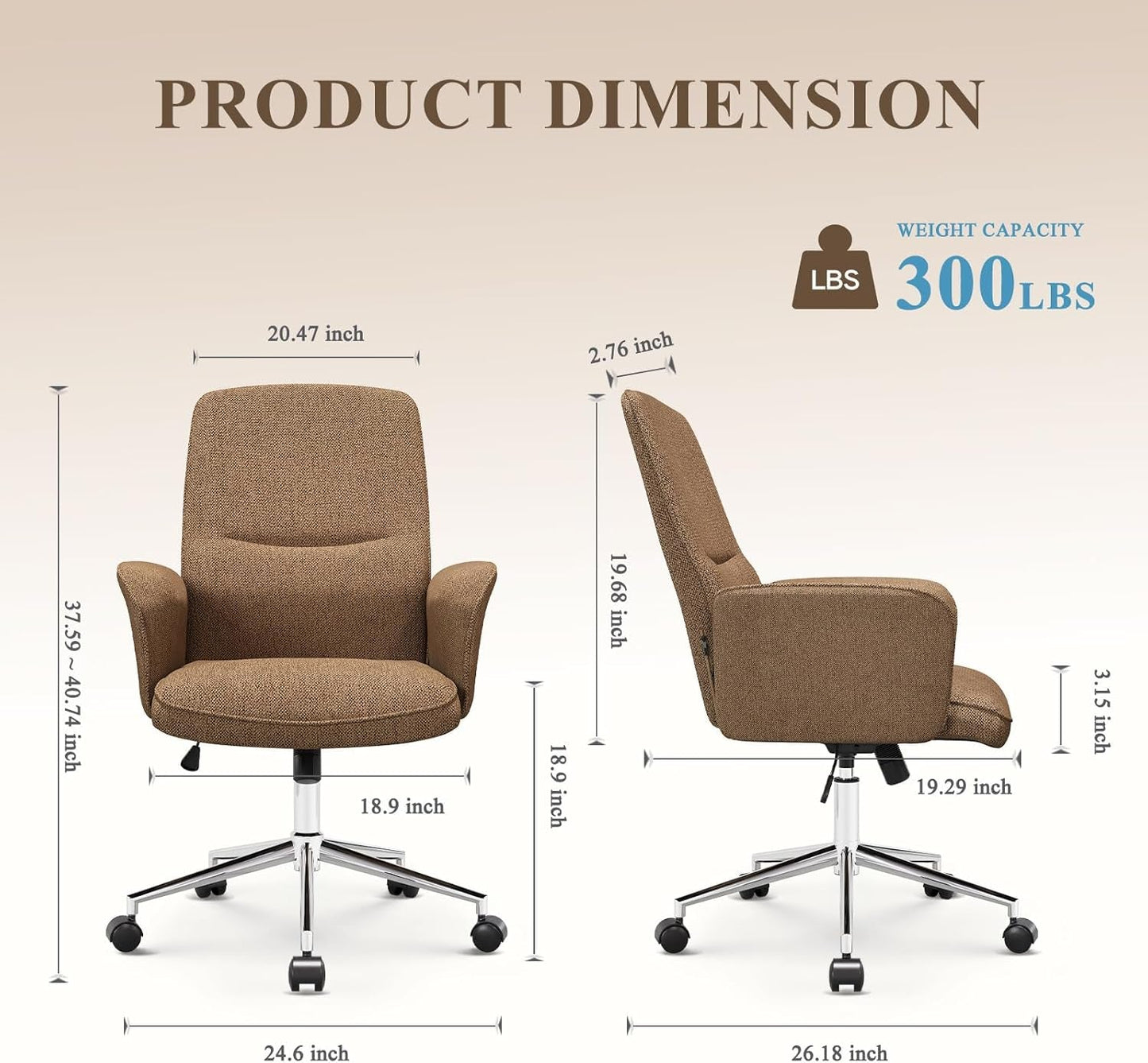 Comfy Office Desk Chair, Upholstered Fabric Computer Desk Chair, Criss Cross Chair with Wheels and Armrests, Swivel Adjustable Vanity Chair for Home, Makeup, Office, Bedroom, Camel-2