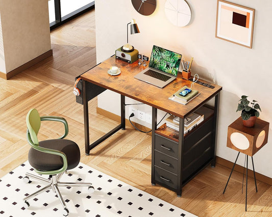 32" Small Computer Desk with Fabric Drawers and Charging Station, Kids Girls Teen Study Writing Desk for Bedroom, Home Office Desk with Storage Shelf & Bag, Vanity Table for Small Space, Vintage-1