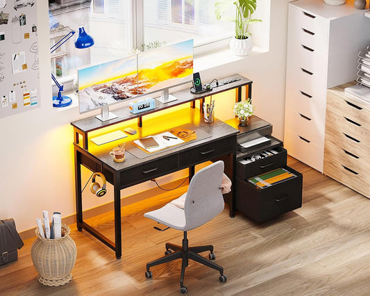 48-Inch Computer Desk with Fabric File Cabinet and Fabric Drawers, Reversible Office Desk with LED Strip and Power Strip, Gaming Desk with Monitor Riser, Writing/Study Table for Home, Oak Grey-1