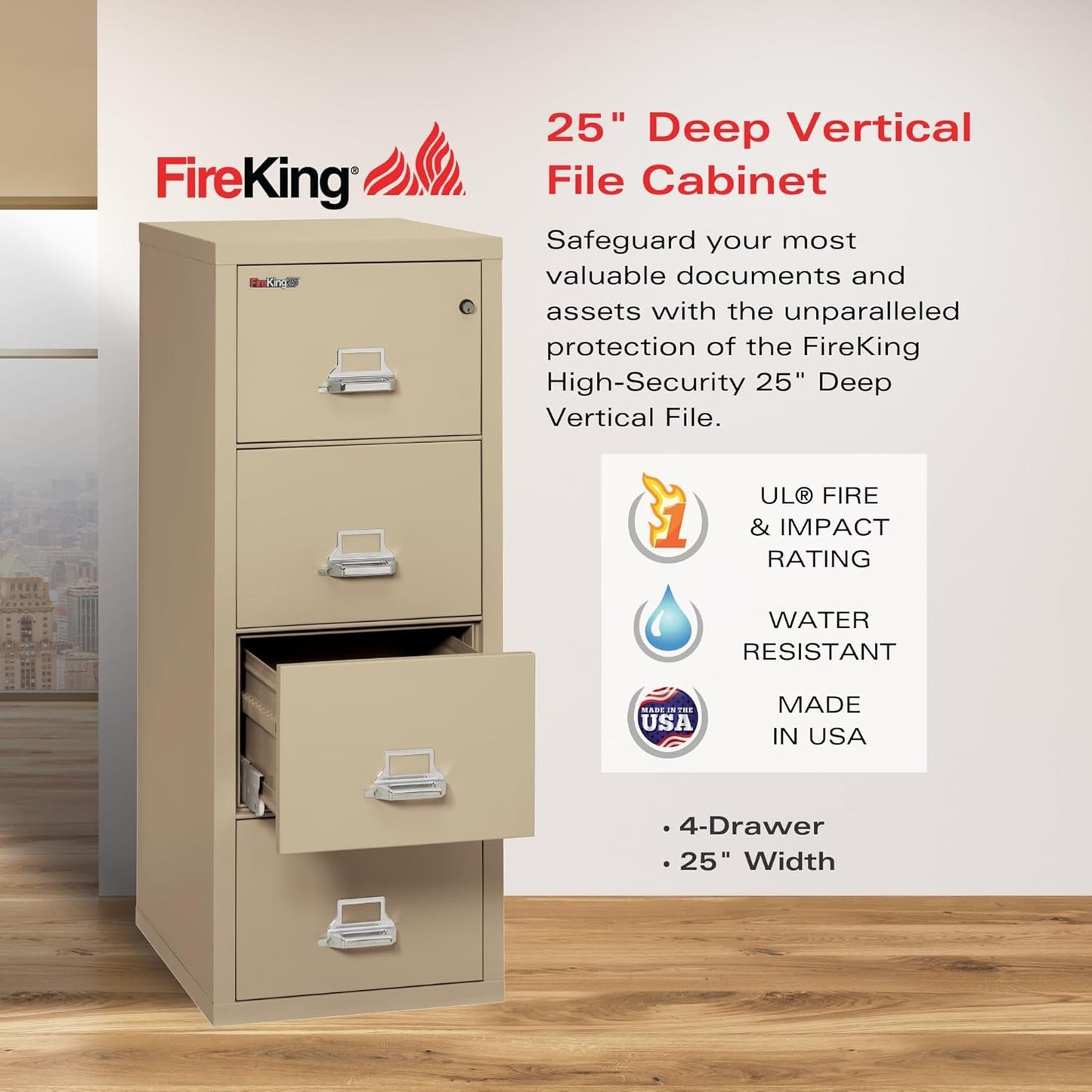Vertical 4 Drawer Letter Fire Safe File Cabinet with Key Lock, 1 Hour Fire Rated, UL Rated & Water Resistant Home Safe, Made in the USA, Parchment-2