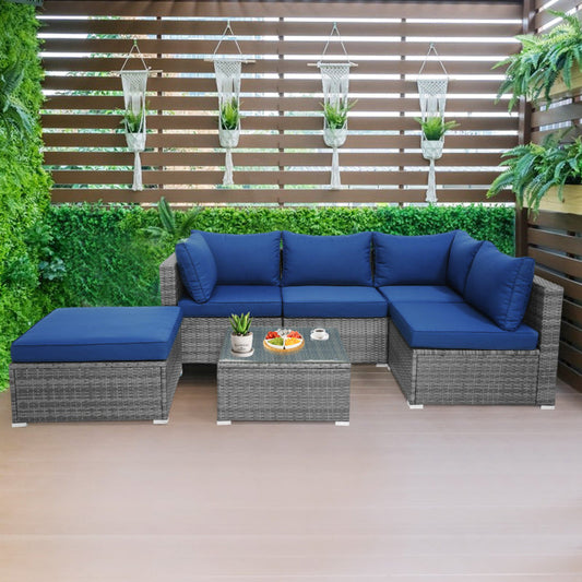6 Pieces Outdoor Rattan Sofa Set with Seat and Back Cushions-1