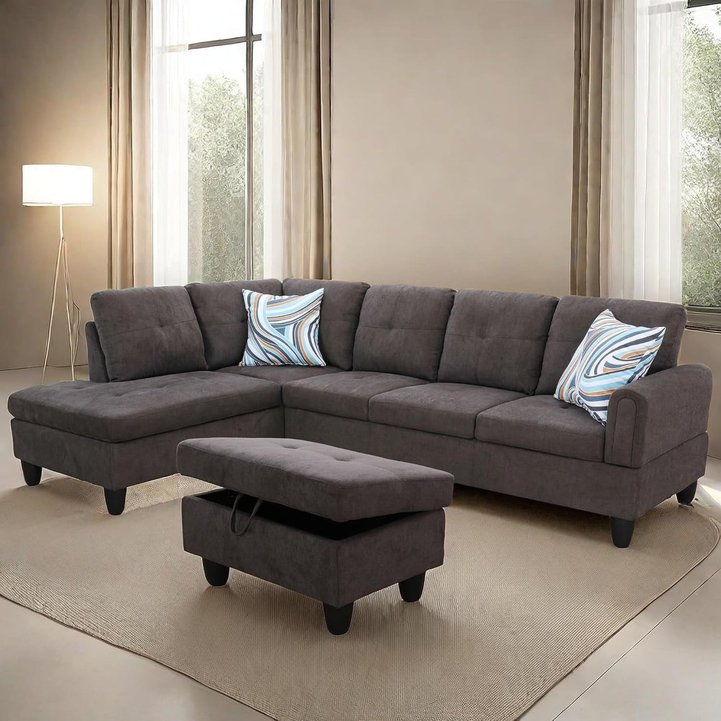 L Shaped Sectional Couches, Modern Convertible Lounge Sofa with Ottoman Storage, Comfy Modular Sectional Sofa for Living Room Furniture Sets, Small Spaces, Bedroom, Coffee-2