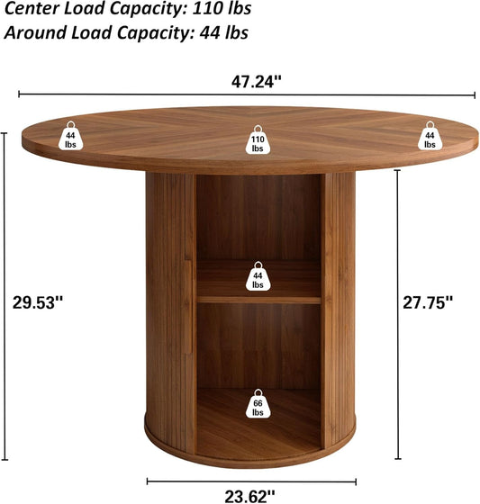 47 Inch round Dining Table for 4, Kitchen Table Dinner Table with 2-Layer Storage Shelf and Wood Slide Door for Home Dining Room Living Room (Walnut)-1