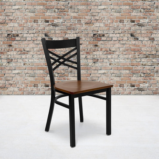 2 Pk. HERCULES Series Black ''X'' Back Metal Restaurant Chair - Cherry Wood Seat-1