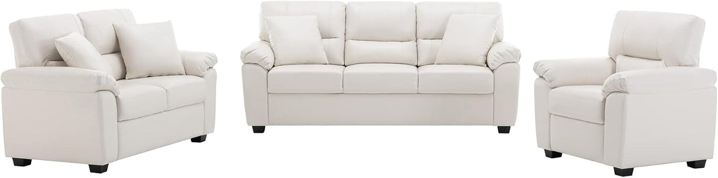 White Leather Sofa and Loveseat Chair Set, Modern Luxury and Comfy Furniture Sleeper Couches for Living Room, Apartment, Office, Lounge Room-2