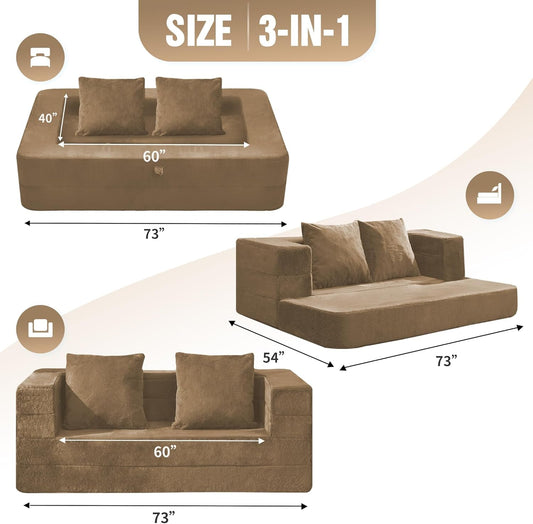 Folding Bean Bag Chair,3-In-1 Bean Bag Couch Faux Fur Floor Sofa Large Foam Beanbag Convertible Bean Bag Sofa Bed with Pillow for Adults(Brown, Large)-1