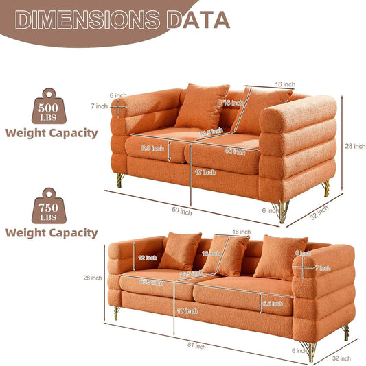 Sofa,Sofa Set of 2,Oversize 2/3 Seater Extra Deep Seat Sofa,Modern Upholstered Futon Sofa Couch, Comfy Teddy Bouclé Cloud Sofa,Furniture for Living Room,Bedroom,Office,Apartment(Orange)-1