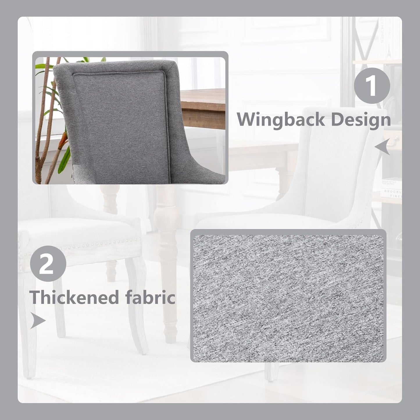 Modern Dining Chairs Set of 2, High Back Dining Chairs Side Chairs with Solid Wood Legs, Upholstered Fabric Dining Room Chairs for Dining Room Kitchen, Grey-4