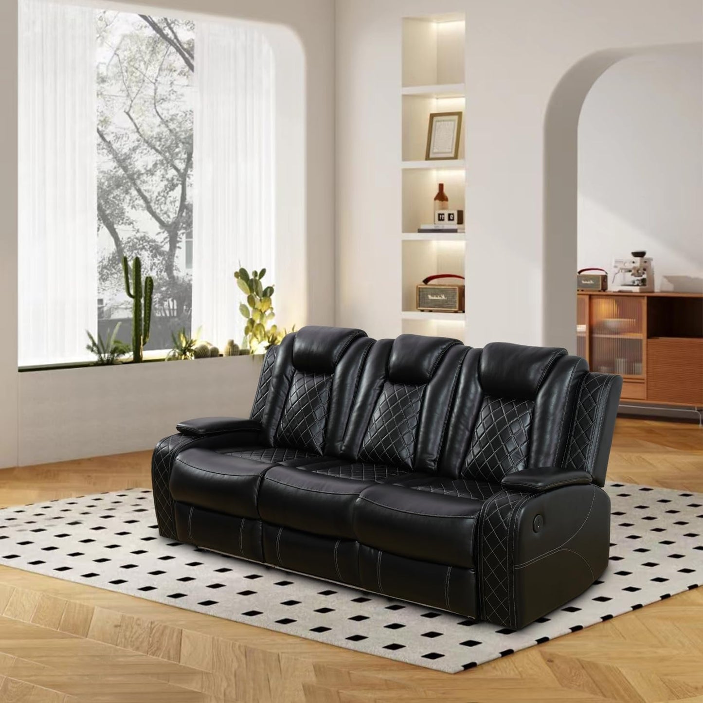 Power Reclining Sofa Set, Living Room Furniture Set with USB Ports, Leather Recliner Couches Set for Living Room/Apartment/Office/Home Theather (Black, Sofa+Loveseat+Chair)-4