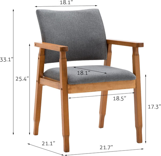 Set of 2 Mid Century Modern Walnut Dining Chairs Wood Arm Grey Fabric Kitchen Cafe Living Room Decor Furniture-1