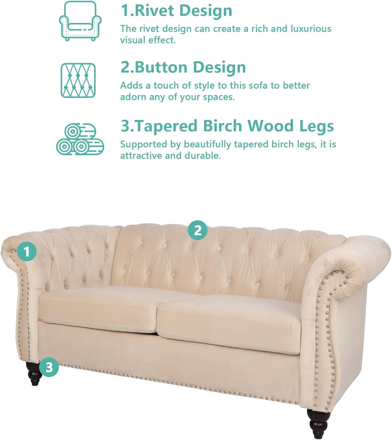 3 Piece Living Room Set, Sectional Chesterfield Sofa Chair Contemporary Upholstered Velvet Loveseat Couch Sets for Living Room, Bedroom, Office (Beige)-3