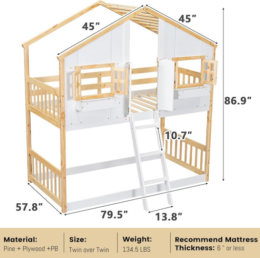 House Bunk Bed Twin over Twin for Kids, Wood Bunk Beds with Roof, Windows, Window Box and Small Door, Floor Bunk Beds with Ladder and Guard Rails for Girls Boys,Natural-1