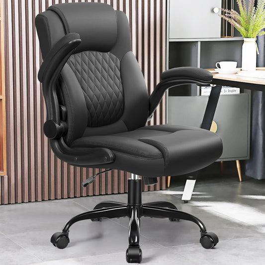 Leather Office Chair, PU Home Computer Desk Chairs with Ergonomic Back Support, 360°Swivel Free,Small Gmaing Chair with Wheels and Adjustable Armrests, for Short People Use, Black-1