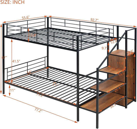 Full over Full Metal Bunk Bed,Bunk Bed with Storage Stairs and Wardrobe, Bunk Bed for Adults/Kids/Teens, Bunk Bed for School, Bedroom, Black-1