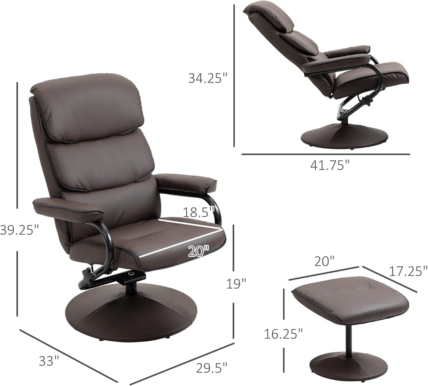 Recliner Chair with Ottoman, PU Leather Swivel High Back Armchair W/Footrest, 135° Adjustable Backrest and Thick Foam Padding, Brown-2