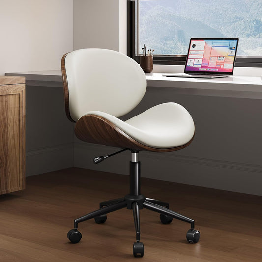 Home Office Chair Set of 2, PU Leather Desk Chair, Modern Swivel Chair with Curved Back, Armless Desk Chair with Wheels for Home Office, White-1