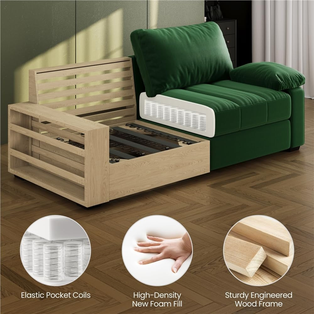 79" Velvet Couch, Comfy Sofa with Pocket Coils, Deep Seat, Storage Pockets and USB Ports, 2 Seater Modern Loveseat Sofas with Removable Cover, Pillow Top Arms for Living Room Apartment Green-3