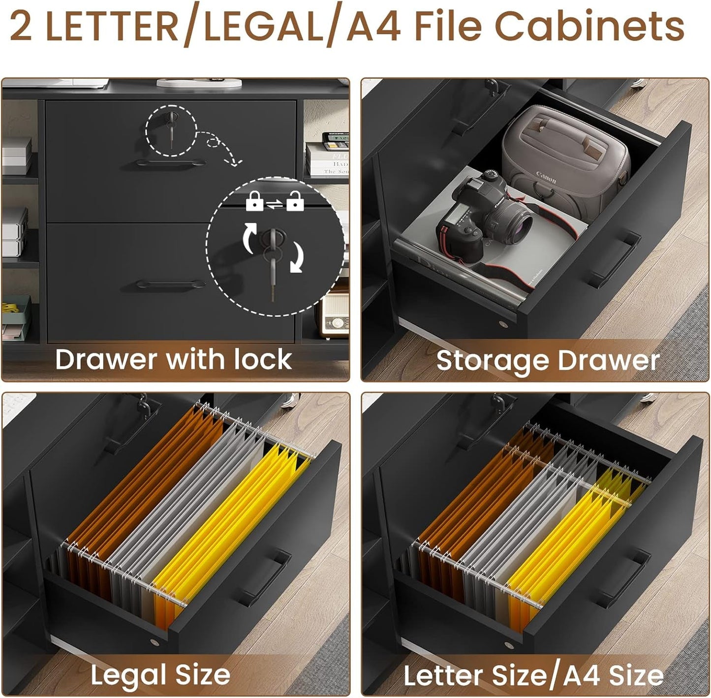44" File Cabinet, Filing Cabinets Fits Legal, Letter, A4 Size, 2 Drawer Office File Cabinet for Home Office with Lock, Power Strip, 6 Adjustable Shelves & 4 Hooks, Black-3