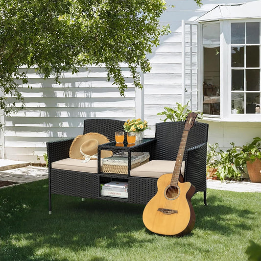 Patio Loveseat Outdoor Wicker Furniture Conversation Set with Soft Cushions & Built-In Coffee Table for Lawn Garden Backyard, Beige-1