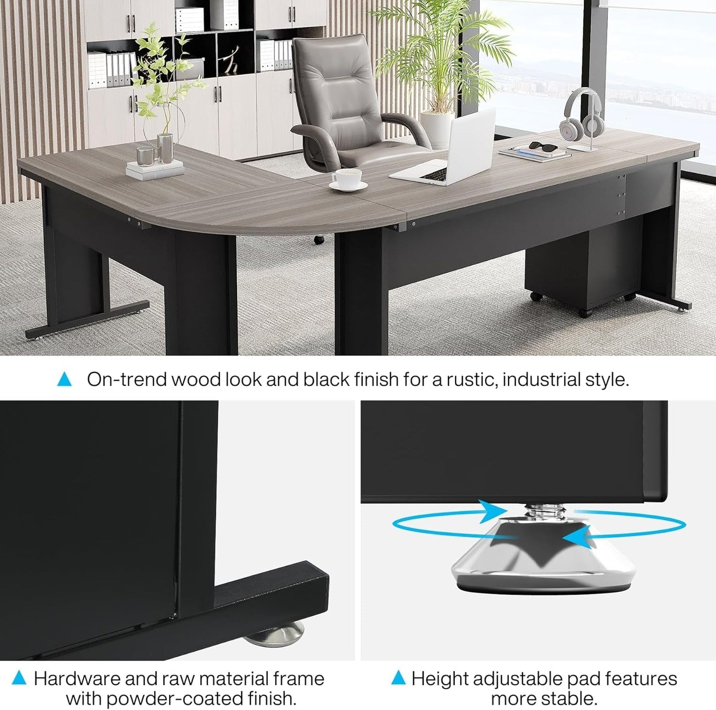 83 Inch L-Shaped Office Desk, Large Executive Computer Desk with 3-Drawer File Cabinet, Industrial Corner Desk with Storage Drawers, Business Furniture Work Desk for Home Office (Gray)-4