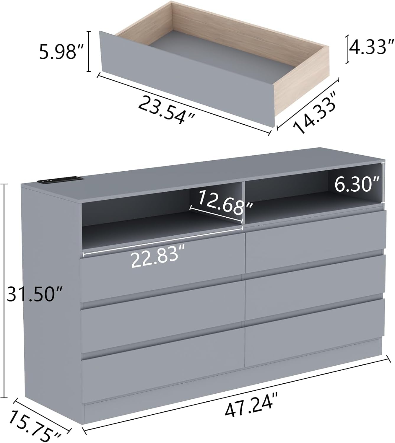6-Drawer LED Dresser, Charging Station, Bedroom/Living Room-2