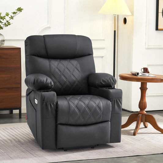 Small Size Power Lift Recliner Chair Sofa with Massage and Dual Heating, Adjustable Headrest for Elderly People Petite, USB Ports, Faux Leather 7111 (Black)-1
