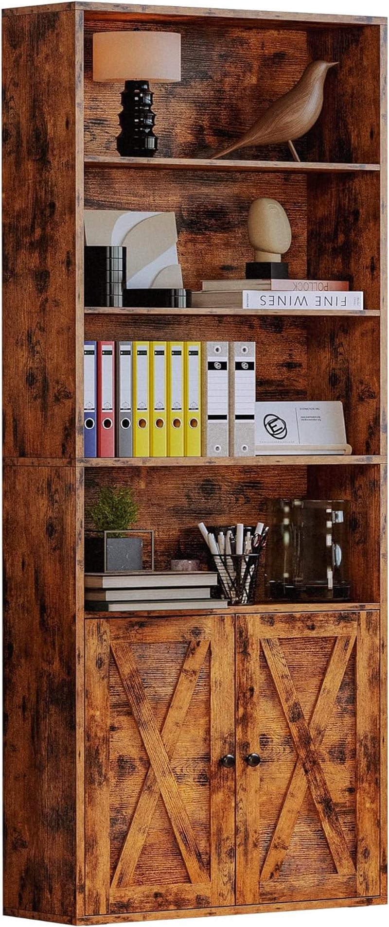 Industrial Bookshelves and Bookcases with Doors Floor Standing 6 Shelf Display Storage Shelves 70 in Tall Bookcase for Home Office, Living Room-0
