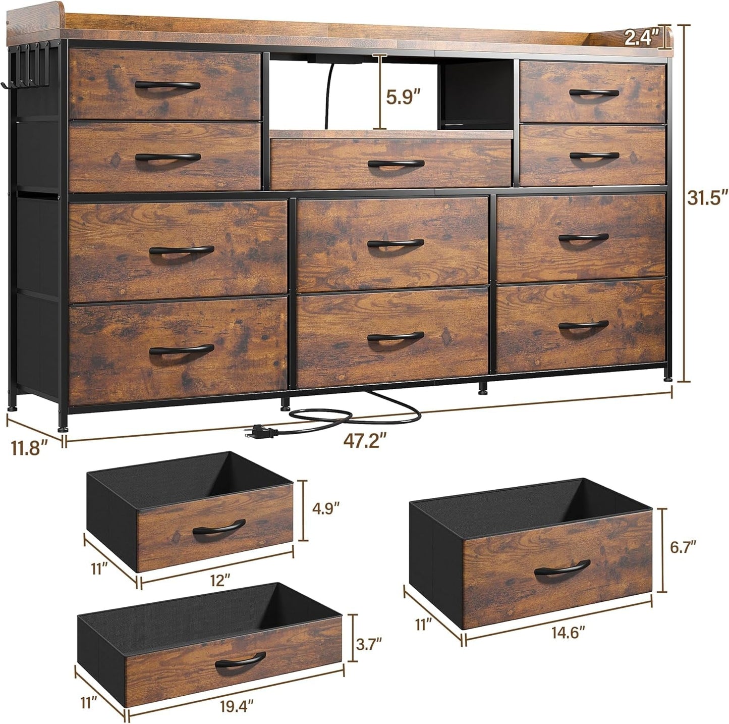 Dresser TV Stand with 11 Drawers for 60" TV Stand for Bedroom with LED Lights & Power Outlets Long Dresser for Bedroom with Shelves & 4 Hooks, Sturdy Metal Frame & Thick Wood Top, Rustic Brown-2
