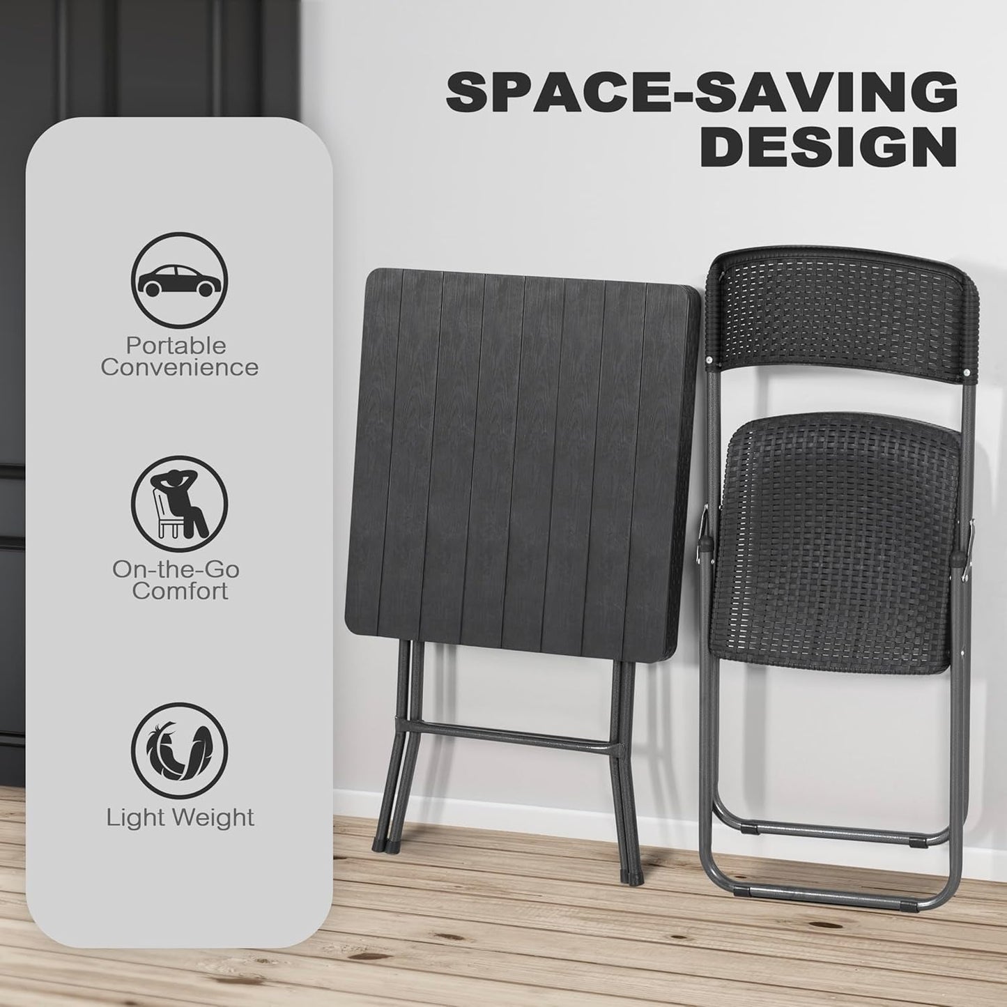 3 Piece Outdoor Folding Patio Set, Weather-Resistant Rattan Folding Patio Table and Wicker Patio Chairs for Indoors and Outdoors, Backyard, Pool, Lawn, Porch, Balcony, Black-4