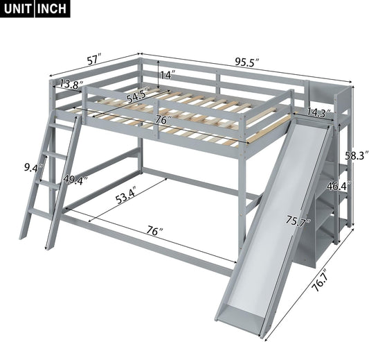 Full over Full Bunk Bed with Slide, Bookshelves and Ladders, Solid Wood Floor Bunk Loft Bed Frame for Kids Girls Boys (Gray)-1