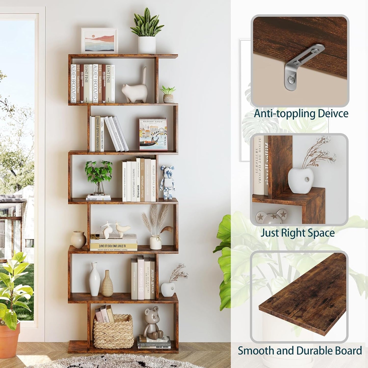 Geometric Bookcase, Bookshelf 6-Tier S Shaped Book Shelves for Bedroom, Modern Wood Decorative Display Shelf Tall Book Case for Home Office, Rustic Brown-3