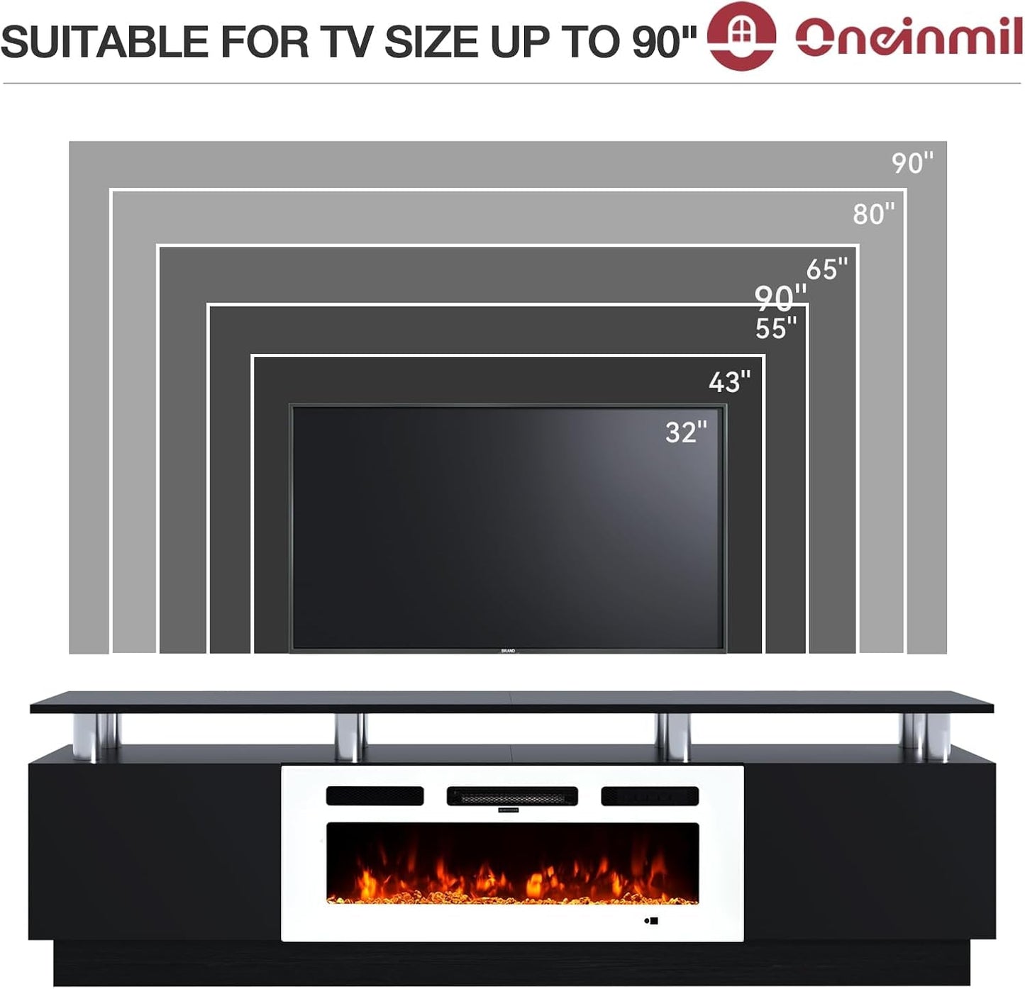 Fireplace TV Stand with 36” Electric Fireplace, 80” 2 Tier TV Console Stand for Tvs up to 90", LED Light Entertainment Center, Fireplace for the Living Room TV Stand, Black-4