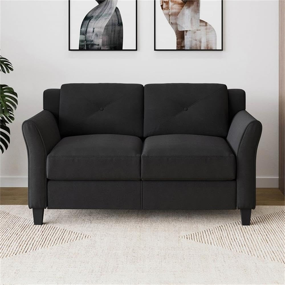 2-Piece Polyester Microfiber Fabric Upholstered Sofa Set with 78" W Sofa & 56" W Loveseat, Curved Arms, Sturdy Wood Frame & Legs, Tufted Back Cushions, in Black Finish-4