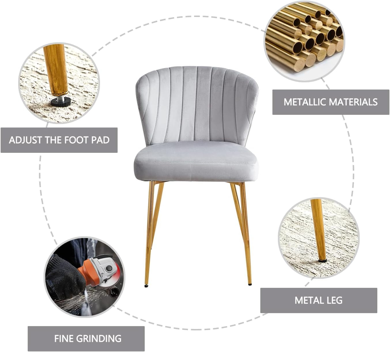 Velvet Dining Chairs Set of 4, Modern Dining Chairs with Golden Metal Legs, Tufted Upholstered Dining Chairs for Dining Room/Kitchen/Vanity, Grey-4