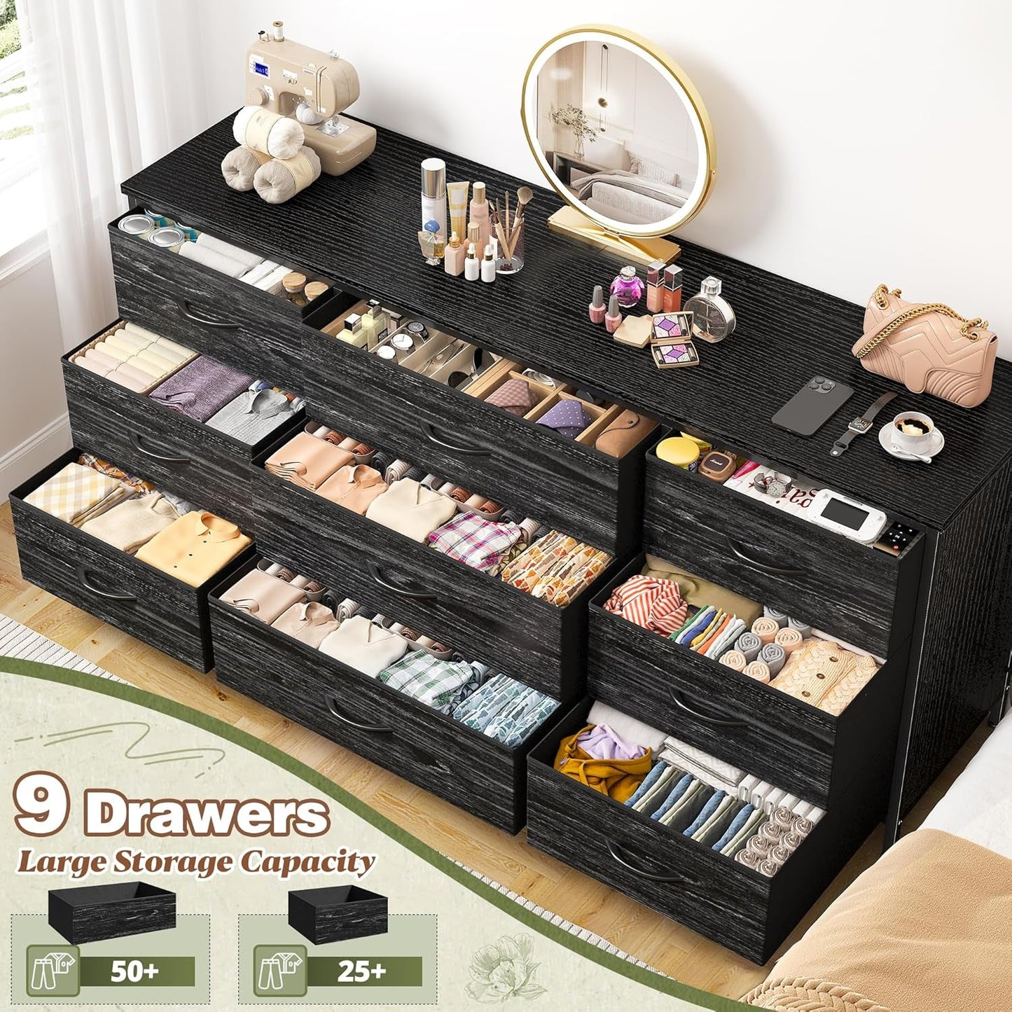 Dresser TV Stand with 9 Drawers for 60'' TV Stand for Bedroom Long Dresser for Bedroom Wide Dressers & Chests of Drawers, Sturdy Metal Frame & Wood Top, Living Room, Closet, Charcoal Black-3