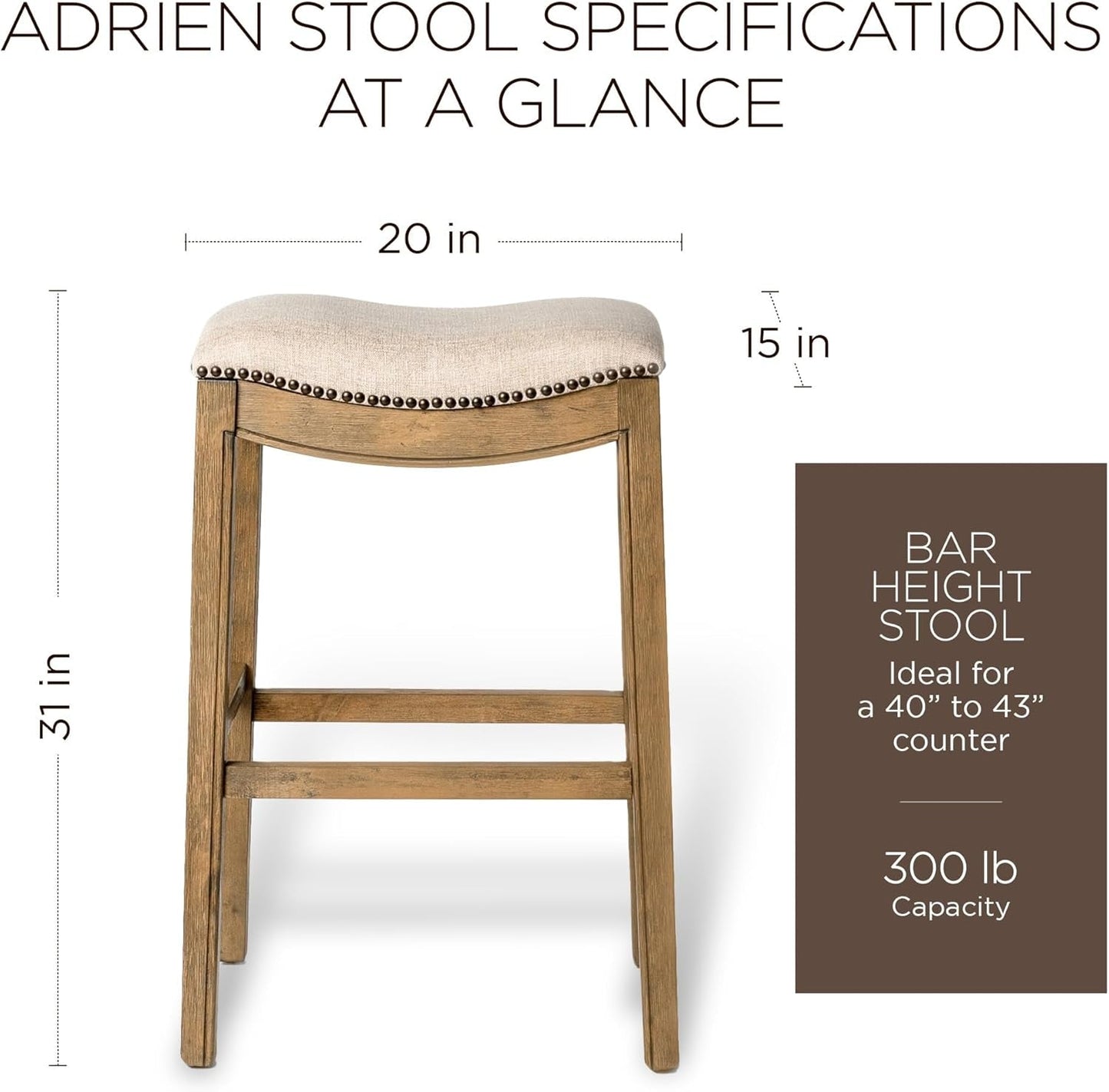 Adrien 31 Inch Bar Height Upholstered Backless Saddle Barstool in Natural Wood Finish with Wheat Cream Fabric Cushion Seat, Set of 4-2