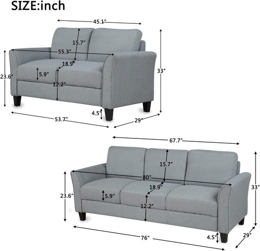 2-Piece Linen Fabric Upholstered Living Room Furniture Set, Including 3-Seater Sofa and Loveseat Sofa with Seat and Back Cushions, Grey-1