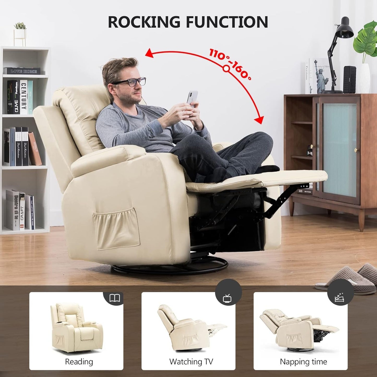 Recliner Chair, PU Rocking Chair for Adults, Swivel Recliner with Cup Holders, Heat and Massage, Single Sofa Seat with Side Pockets for Living Room, Bedroom (White)-3