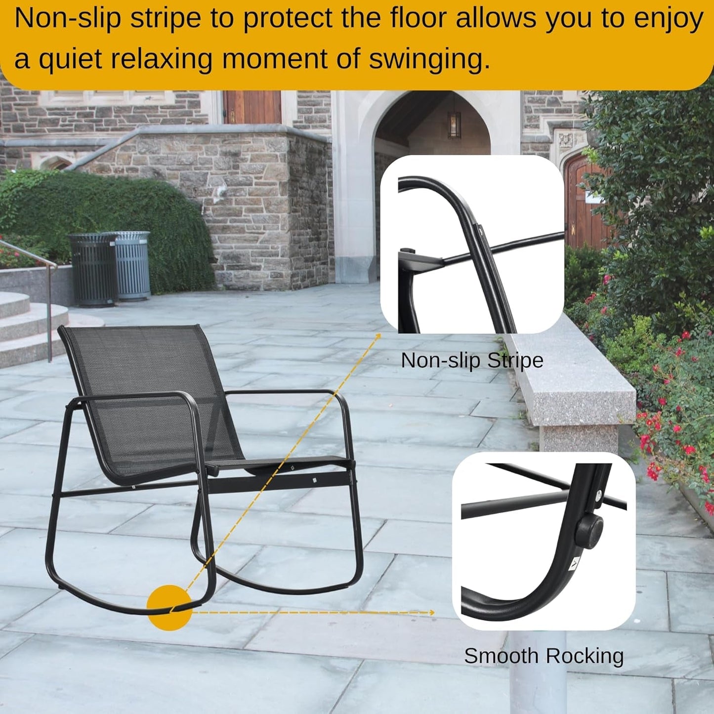 4-Piece Patio Furniture Set, Textilene Conversation Set with 2 Rocking Chairs and Tempered Glass Coffee Table, Perfect for Indoor Patio Lawn Garden Poolside, Black-4