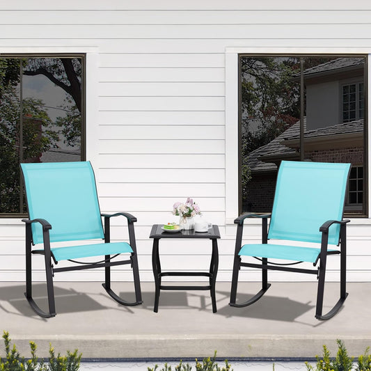 3 Piece Rocking Bistro Set, Outdoor Furniture with Rocker Chairs and Glass Coffee Table Set of 3, Balcony, Porch Furniture for Small Space, Blue-1