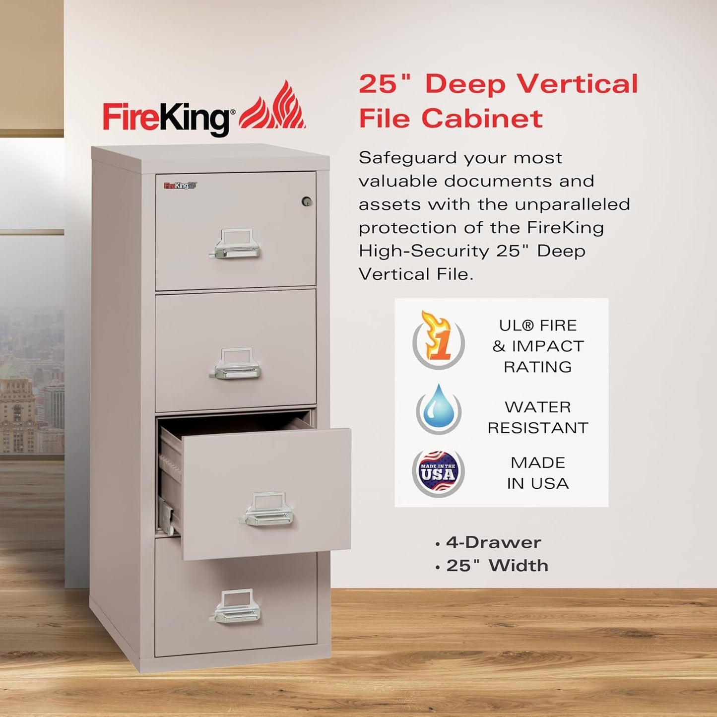 Vertical 4 Drawer Letter Fire Safe File Cabinet with Key Lock, 1 Hour Fire Rated, UL Rated & Water Resistant Home Safe, Made in the USA, Platinum-2