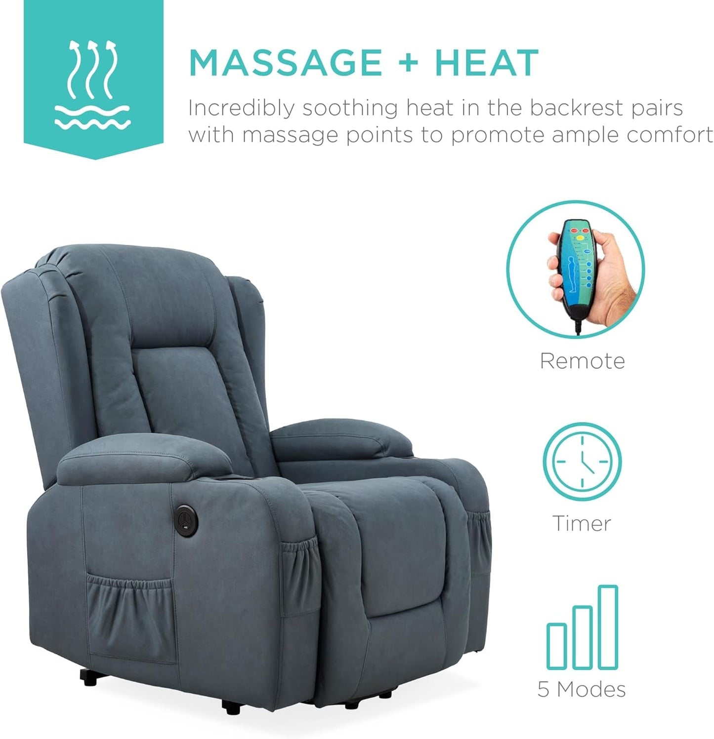 PU Leather Electric Power Lift Chair, Recliner Massage Chair, Adjustable Furniture for Back, Legs W/ 3 Positions, USB Port, Heat, Cupholders, Easy-To-Reach Side Button - Blue-4