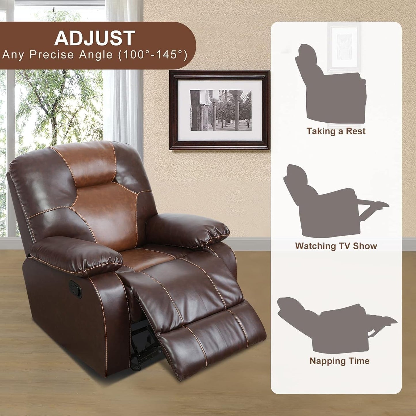 3 Piece Recliner Sofa Set Bonded Leather, Luxury Living Room Furniture Set, Leather Sofa Set Manual Reclining for Office Home (Brown)-4