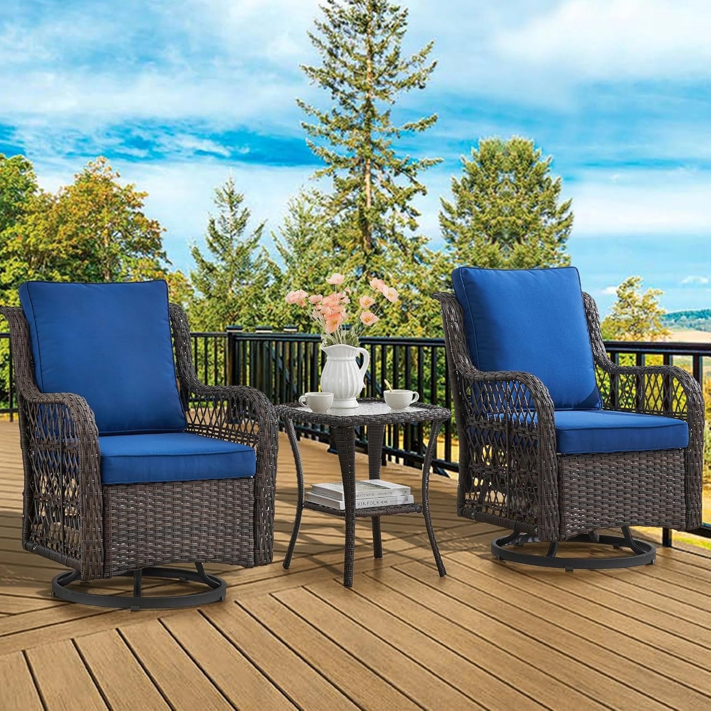 3 Piece Outdoor Patio Set, Wicker Rocking Bistro Set with 2 Swivel Chairs & Tempered Glass Top Table, Rattan Outdoor Furniture with Cushions for Patio Porch Backyard-0
