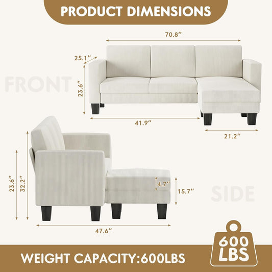 L-Shaped Convertible Sectional Sofa 3 Seater with Corduroy Fabric, Complete with Mobile Footrest, for Living Room, Apartment and Office, 70", Beige-1