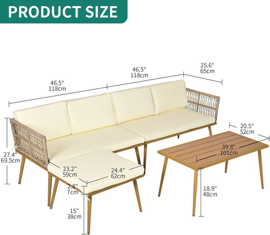 4 Pieces Patio Furniture Set, Outdoor Rattan Woven Conversation Sectional L-Shaped Sofa for Backyard, Porch, Boho Detachable Lounger with Cushions and Side Table - Beige-1